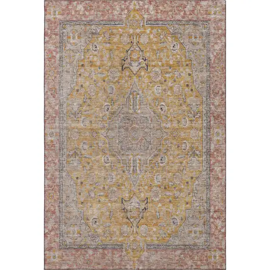 Gold Copper And Gray Floral Medallion Washable Area Rug With UV Protection Photo 1