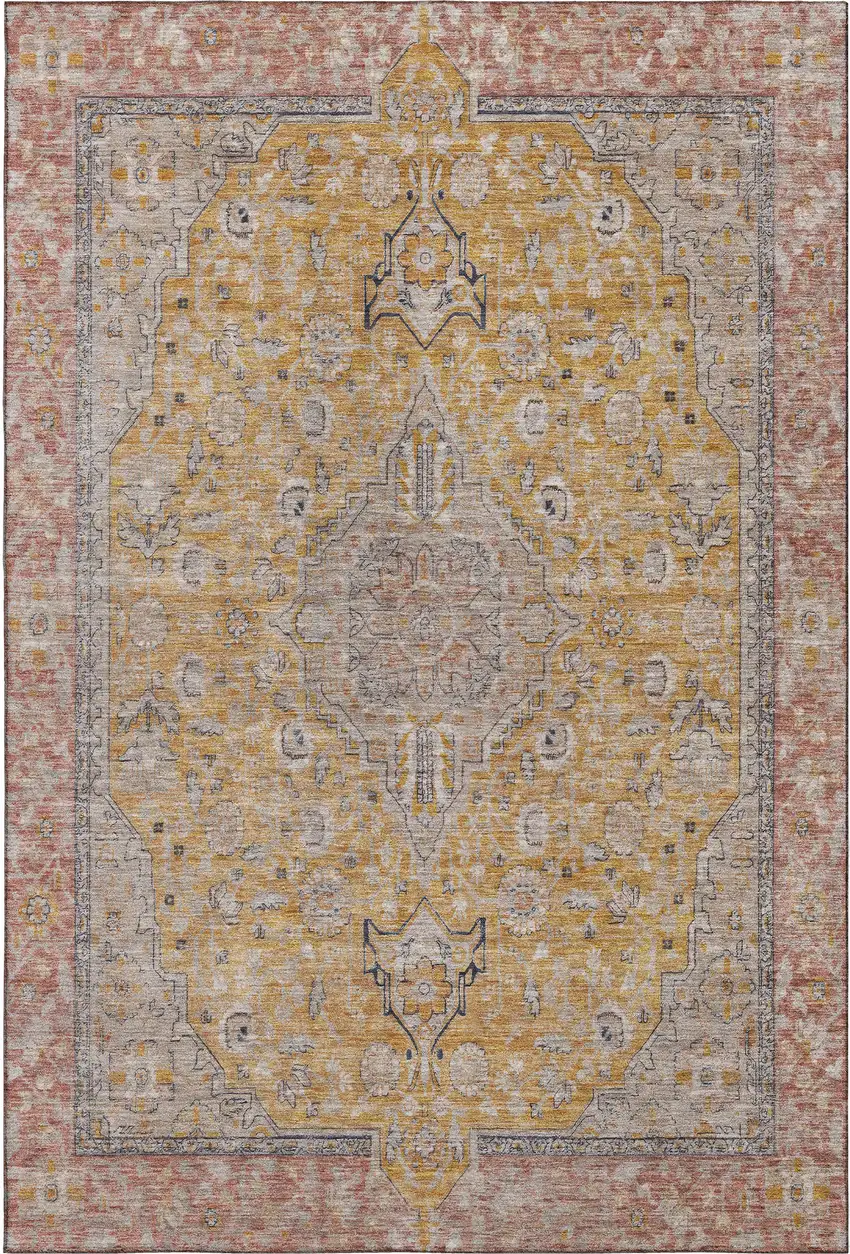 Gold Copper And Gray Floral Medallion Washable Area Rug With UV Protection Photo 1
