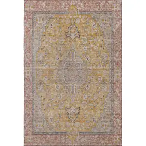 Photo of Gold Copper And Gray Floral Medallion Washable Area Rug With UV Protection