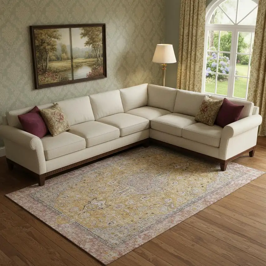 Gold Copper And Gray Floral Medallion Washable Area Rug With UV Protection Photo 2