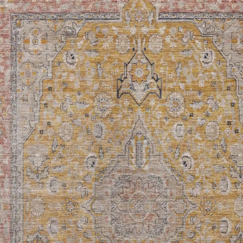 Gold Copper And Gray Floral Medallion Washable Area Rug With UV Protection Photo 2