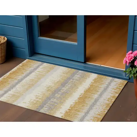 Gold Copper And Gray Striped Washable Indoor Outdoor Area Rug Photo 1