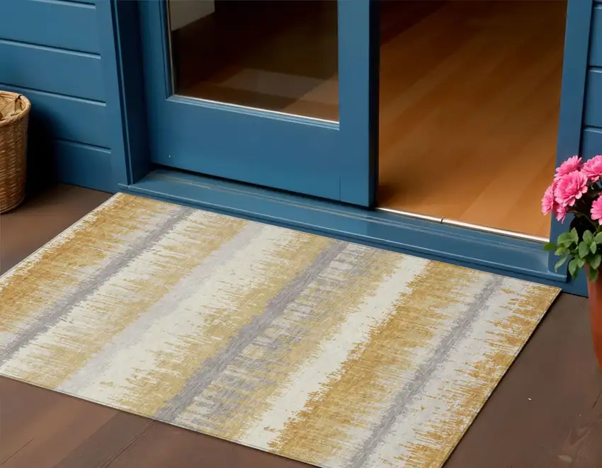 Gold Copper And Gray Striped Washable Indoor Outdoor Area Rug Photo 1