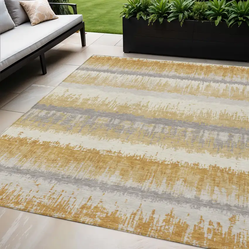 Gold Copper And Gray Striped Washable Indoor Outdoor Area Rug Photo 1