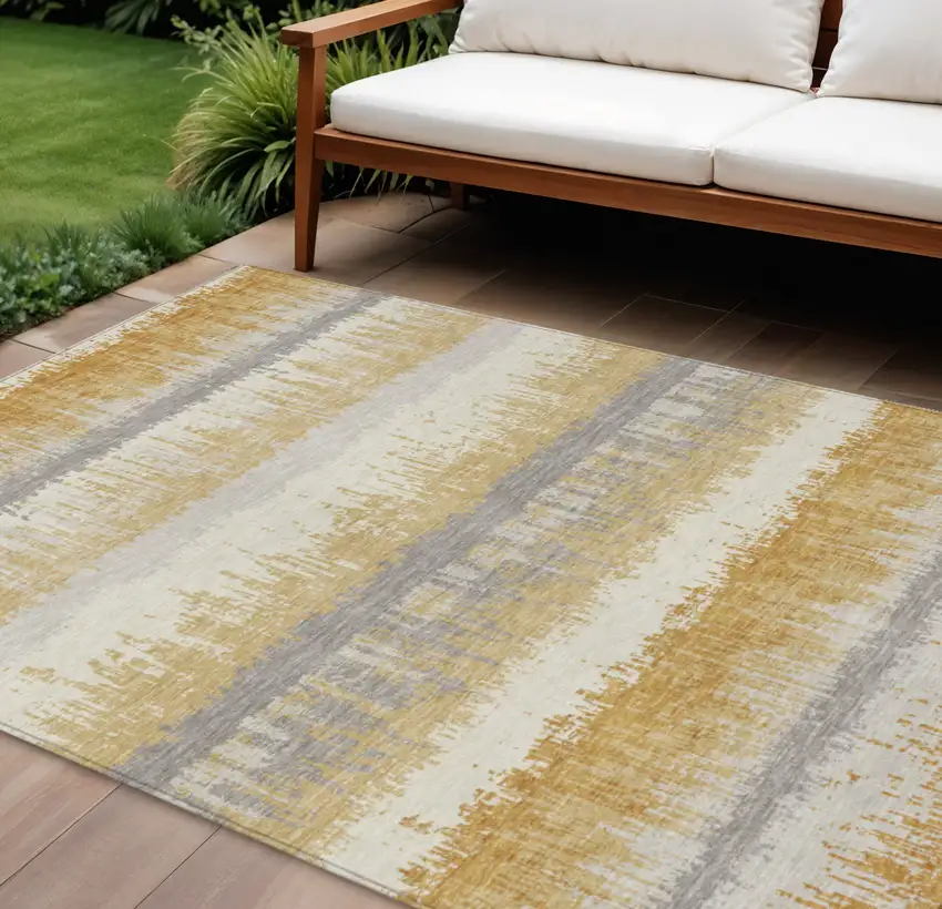 Gold Copper And Gray Striped Washable Indoor Outdoor Area Rug Photo 1