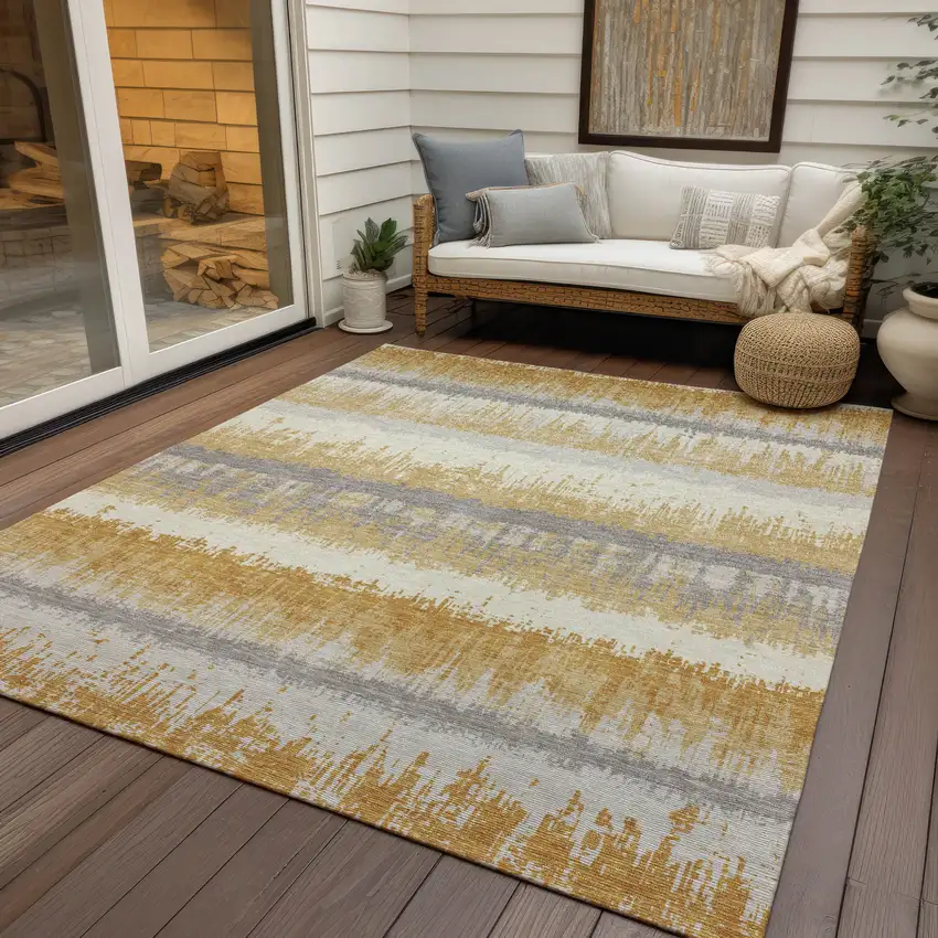 Gold Copper And Gray Striped Washable Indoor Outdoor Area Rug Photo 8