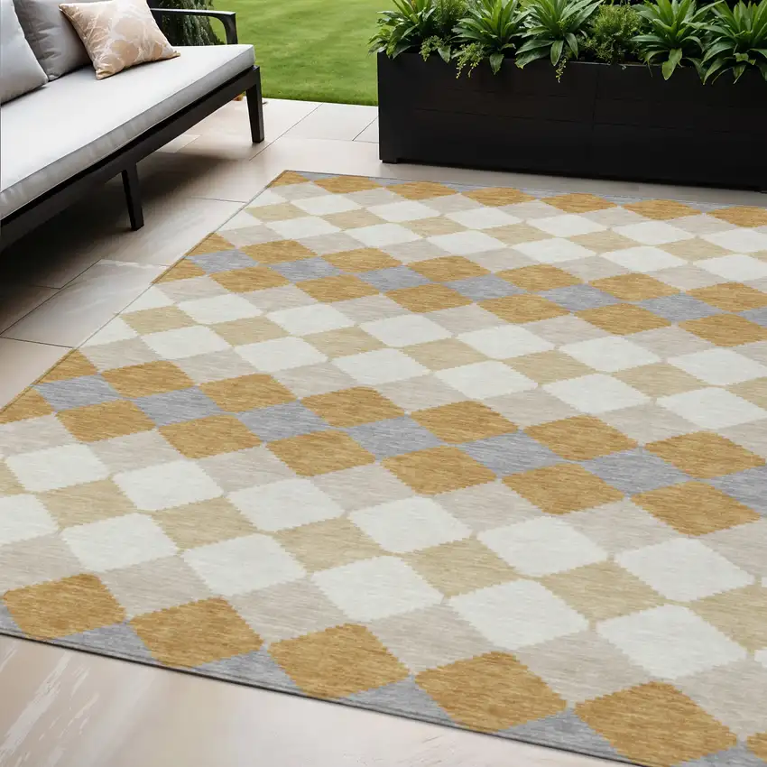 Gold Copper And Ivory Geometric Washable Indoor Outdoor Area Rug Photo 1