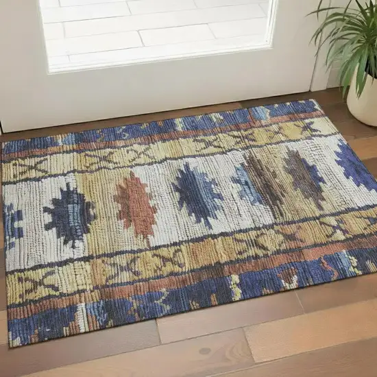 Gold Copper And Ivory Tribal Washable Area Rug With UV Protection Photo 2