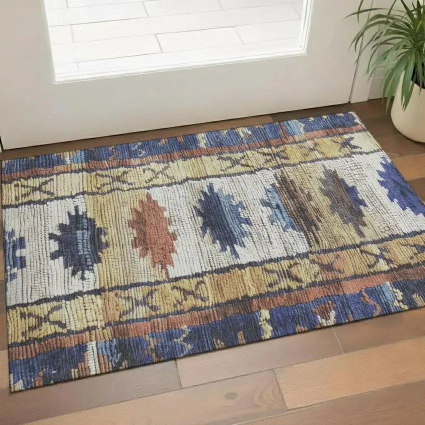 Gold Copper And Ivory Tribal Washable Area Rug With UV Protection Photo 2