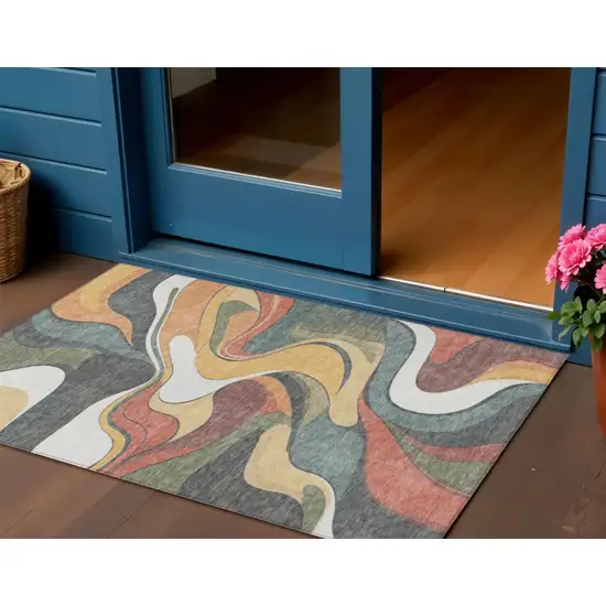 Gold Copper And Olive Green Abstract Washable Indoor Outdoor Area Rug Photo 2