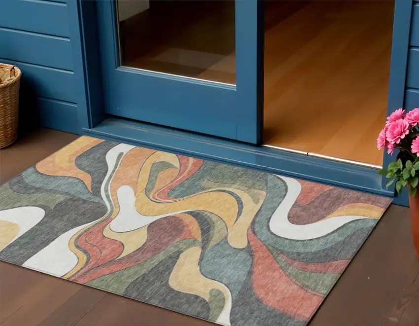 Gold Copper And Olive Green Abstract Washable Indoor Outdoor Area Rug Photo 2