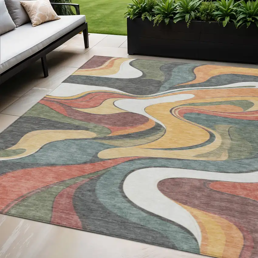 Gold Copper And Olive Green Abstract Washable Indoor Outdoor Area Rug Photo 2