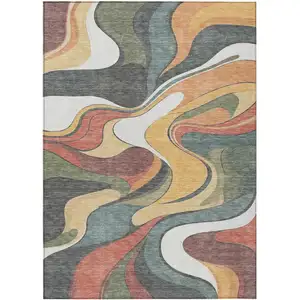 Photo of Gold Copper And Olive Green Abstract Washable Indoor Outdoor Area Rug