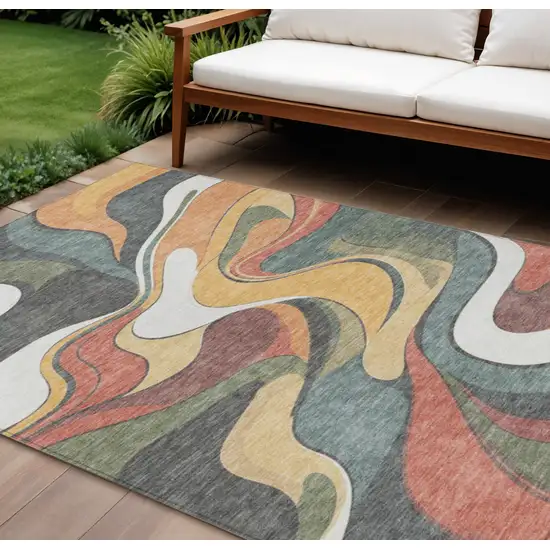 Gold Copper And Olive Green Abstract Washable Indoor Outdoor Area Rug Photo 2