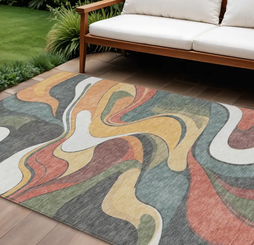 Gold Copper And Olive Green Abstract Washable Indoor Outdoor Area Rug Photo 2