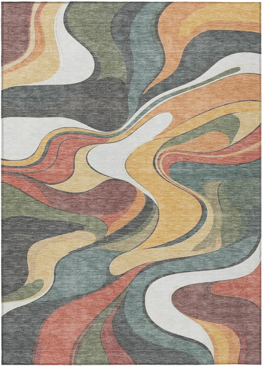 Gold Copper And Olive Green Abstract Washable Indoor Outdoor Area Rug Photo 1