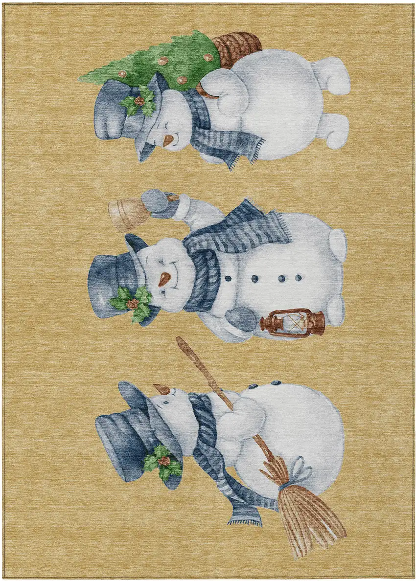 Gold Denim Blue And Ivory Snowmen Washable Indoor Outdoor Area Rug Photo 2
