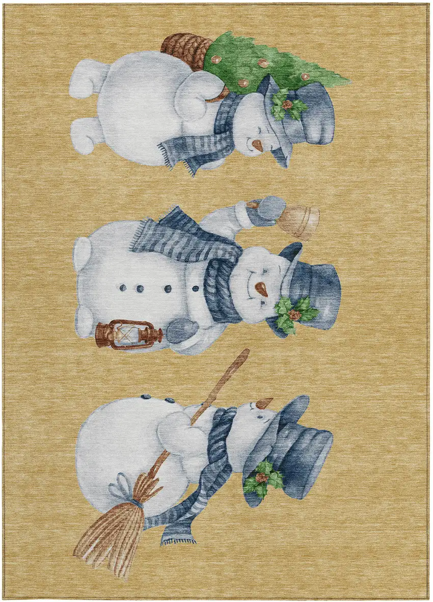 Gold Denim Blue And Ivory Snowmen Washable Indoor Outdoor Area Rug Photo 4
