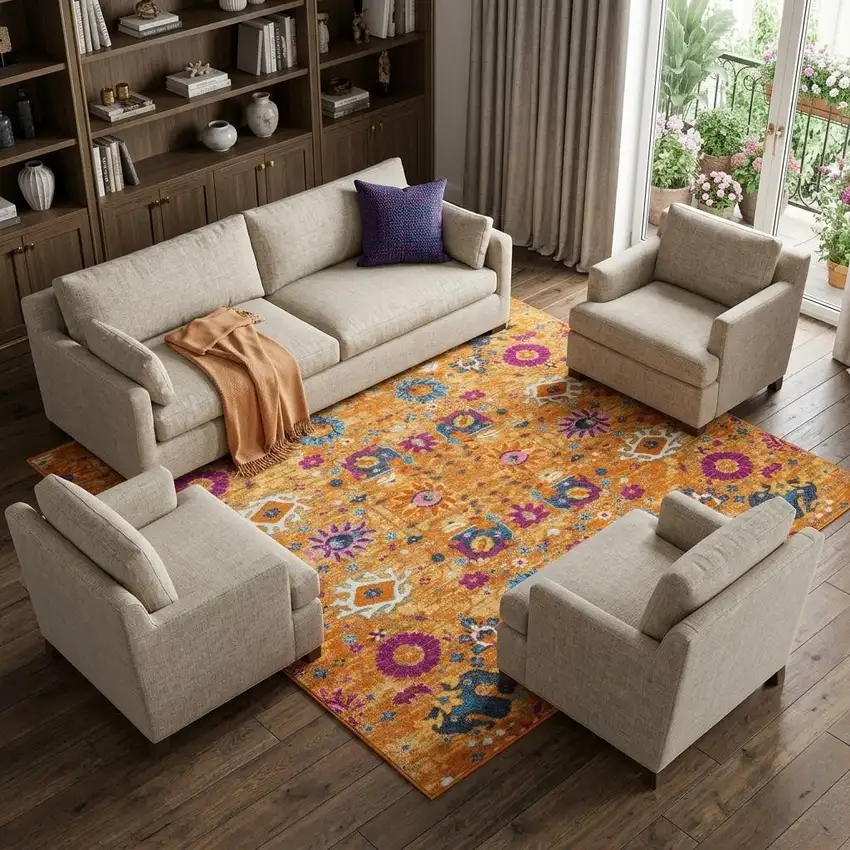Gold Floral Power Loom Area Rug Photo 1