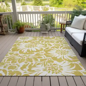 Photo of Gold Floral Washable Non Skid Indoor Outdoor Area Rug