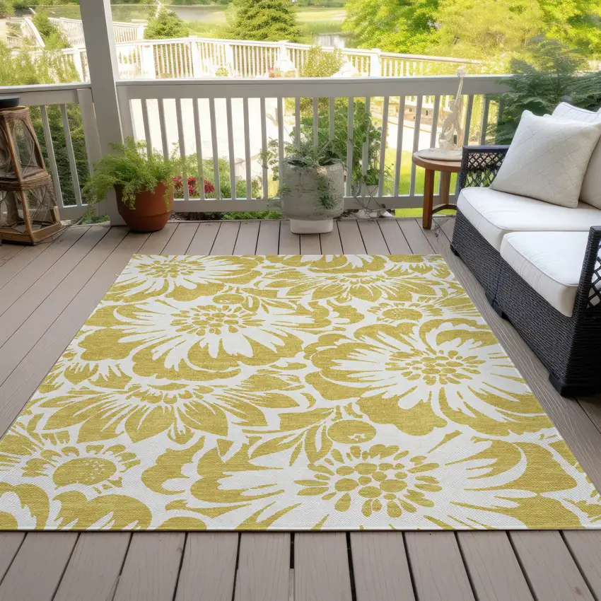 Gold and Ivory Floral Washable Non Skid Indoor Outdoor Area Rug Photo 7
