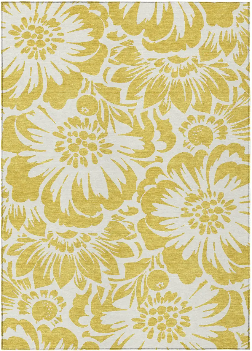 Gold Floral Washable Non Skid Indoor Outdoor Area Rug Photo 1