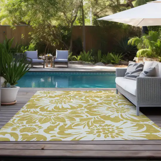 Gold and Ivory Floral Washable Non Skid Indoor Outdoor Area Rug Photo 9