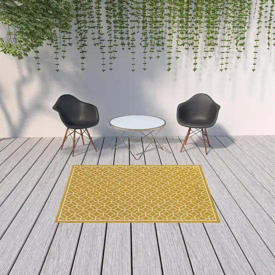 Gold Geometric Stain Resistant Indoor Outdoor Area Rug Photo 2