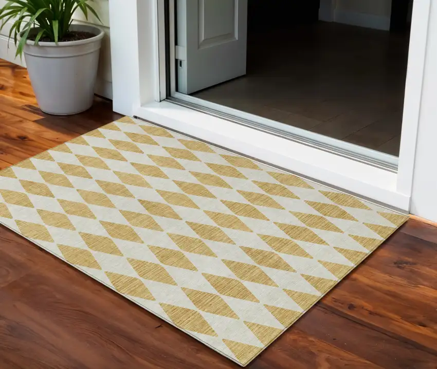Gold Geometric Washable Non Skid Indoor Outdoor Area Rug Photo 1