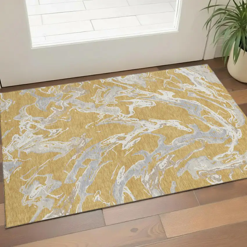 Gold Gray And Beige Abstract Washable Area Rug With UV Protection Photo 1