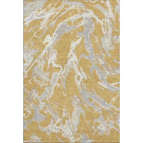 Gold Gray And Beige Abstract Washable Area Rug With UV Protection Photo 1