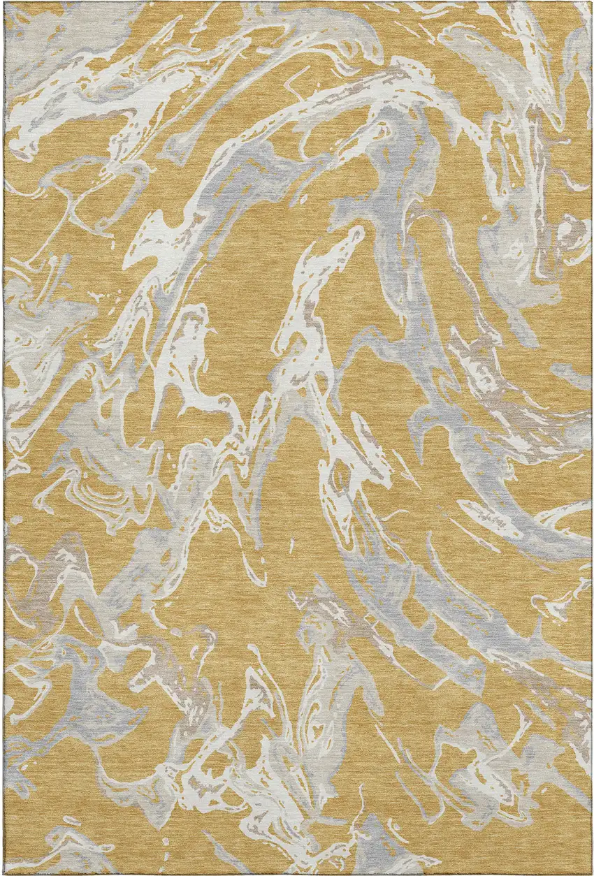 Gold Gray And Beige Abstract Washable Area Rug With UV Protection Photo 1