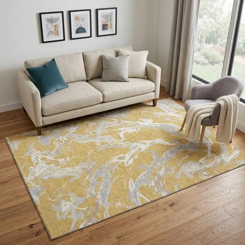 Gold Gray And Beige Abstract Washable Area Rug With UV Protection Photo 1
