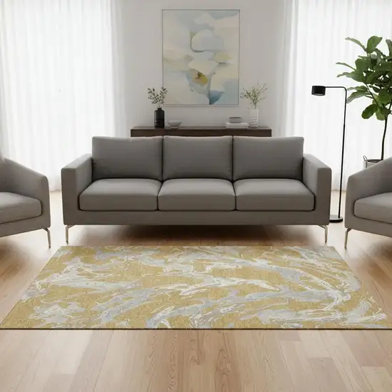 Gold Gray And Beige Abstract Washable Area Rug With UV Protection Photo 2