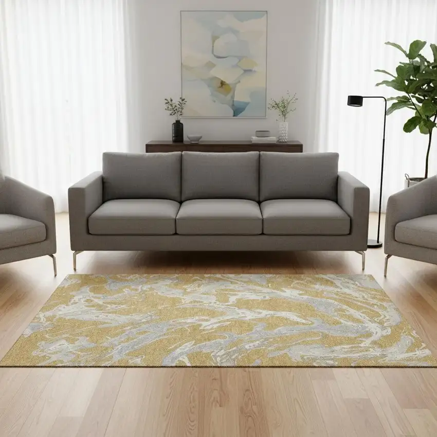 Gold Gray And Beige Abstract Washable Area Rug With UV Protection Photo 2