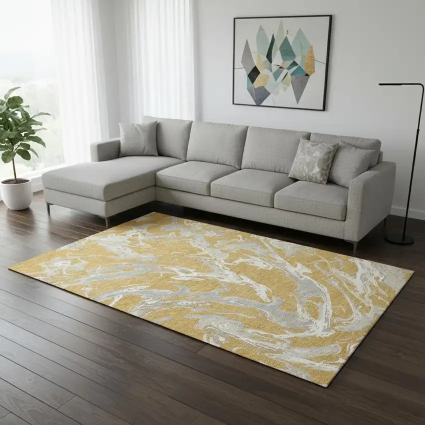 Gold Gray And Beige Abstract Washable Area Rug With UV Protection Photo 2