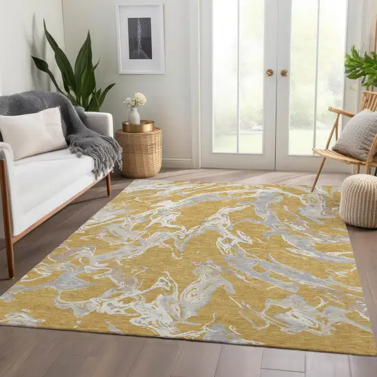 Gold Gray And Beige Abstract Washable Area Rug With UV Protection Photo 5