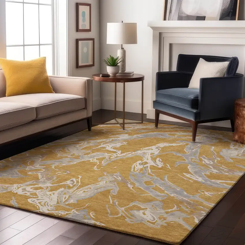 Gold Gray And Beige Abstract Washable Area Rug With UV Protection Photo 3