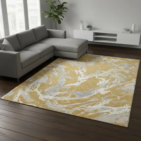 Gold Gray And Beige Abstract Washable Area Rug With UV Protection Photo 2
