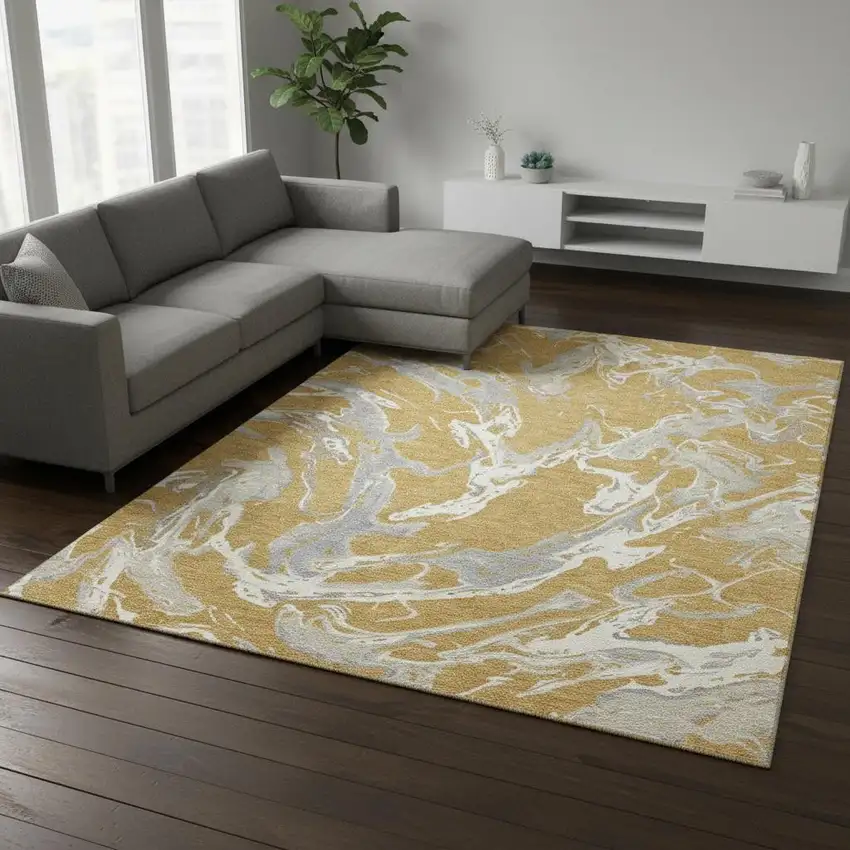 Gold Gray And Beige Abstract Washable Area Rug With UV Protection Photo 2