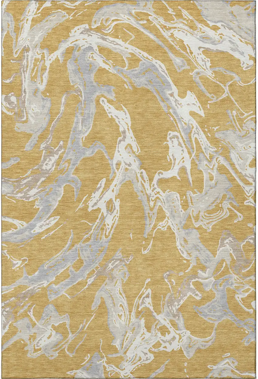 Gold Gray And Beige Abstract Washable Area Rug With UV Protection Photo 2