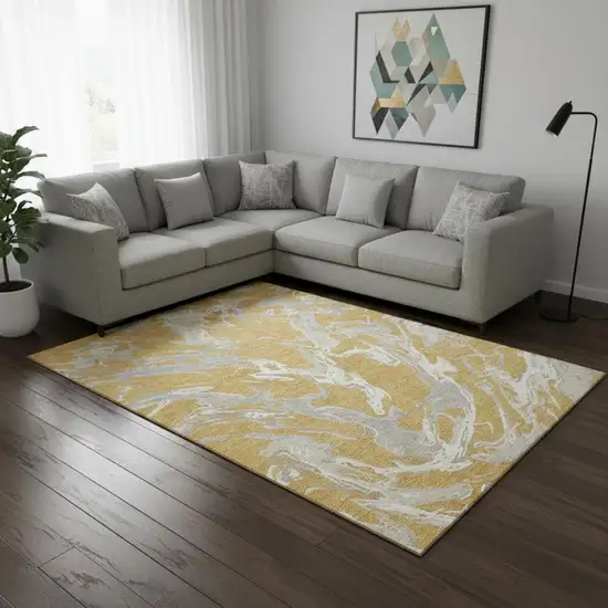 Gold Gray And Beige Abstract Washable Area Rug With UV Protection Photo 2