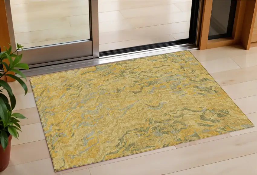 Gold Gray And Beige Abstract Washable Indoor Outdoor Area Rug Photo 1