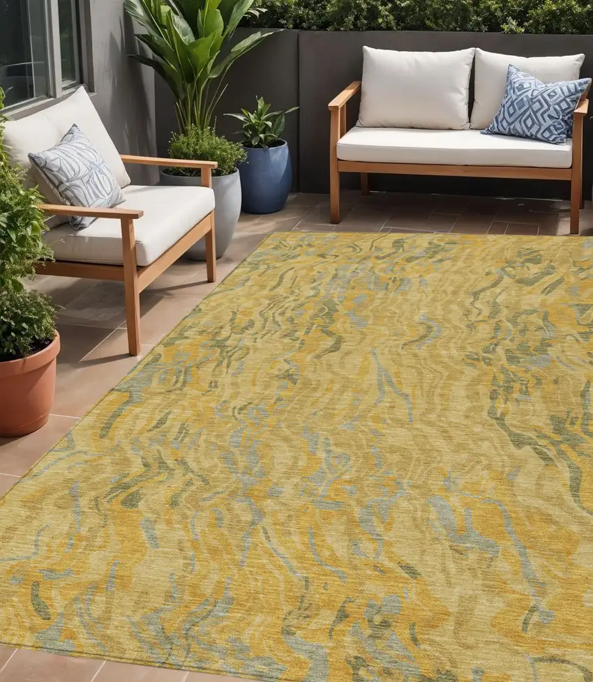 Gold Gray And Beige Abstract Washable Indoor Outdoor Area Rug Photo 1