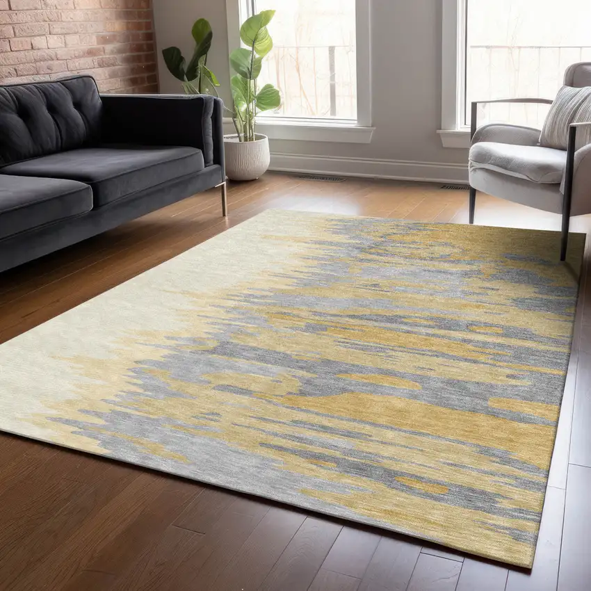 Gold Gray And Beige Abstract Washable Indoor Outdoor Area Rug Photo 8