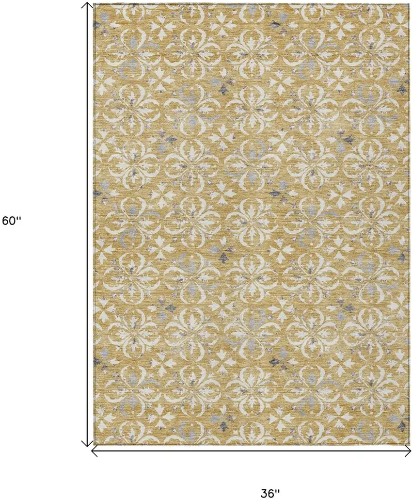 Gold Gray And Beige Floral Washable Indoor Outdoor Area Rug Photo 7
