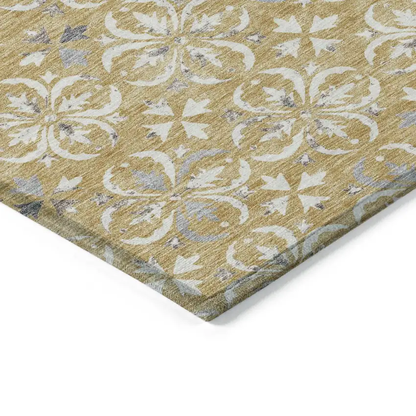 Gold Gray And Beige Floral Washable Indoor Outdoor Area Rug Photo 3