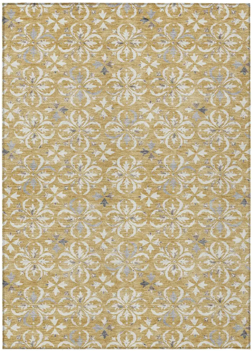 Gold Gray And Beige Floral Washable Indoor Outdoor Area Rug Photo 2