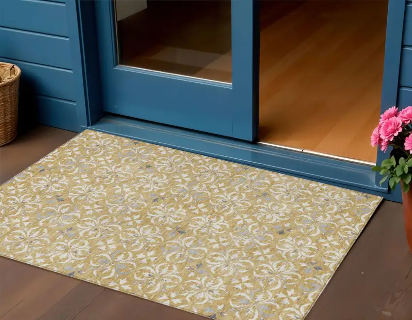 Gold Gray And Beige Floral Washable Indoor Outdoor Area Rug Photo 1