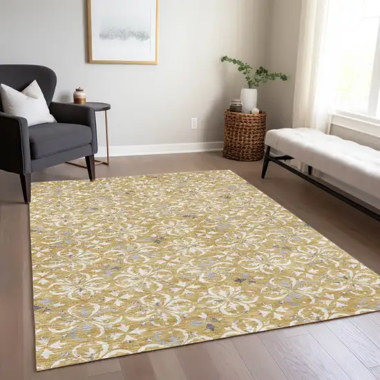 Gold Gray And Beige Floral Washable Indoor Outdoor Area Rug Photo 9